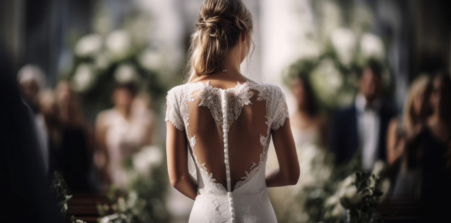Bride in wedding dress from behind as she walks down the aisle